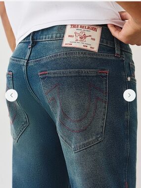True Religion Ricky Relaxed Straight Jeans in Faded Blue with Red Stitching